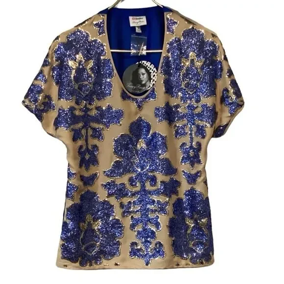 NWT Tracy Reese x Neiman Marcus Blue Sequin Short Sleeve Blouse Top S - Picture 9 of 12